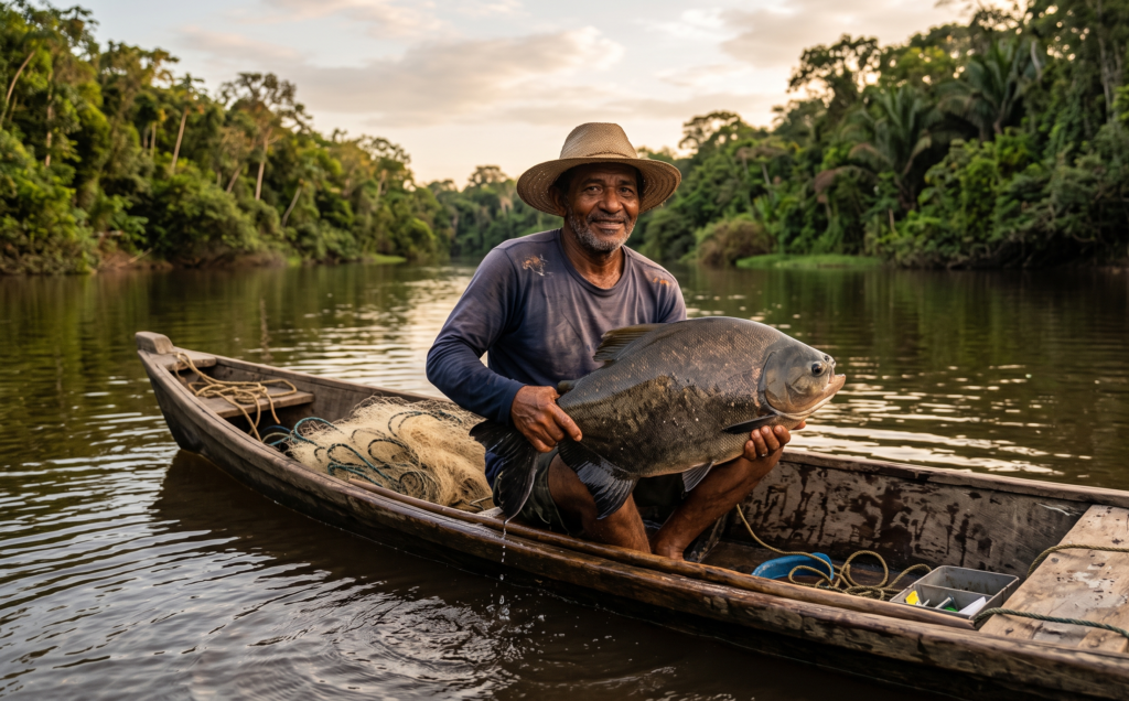 Pescador com um tambaqui (Imagem gerada por IA)